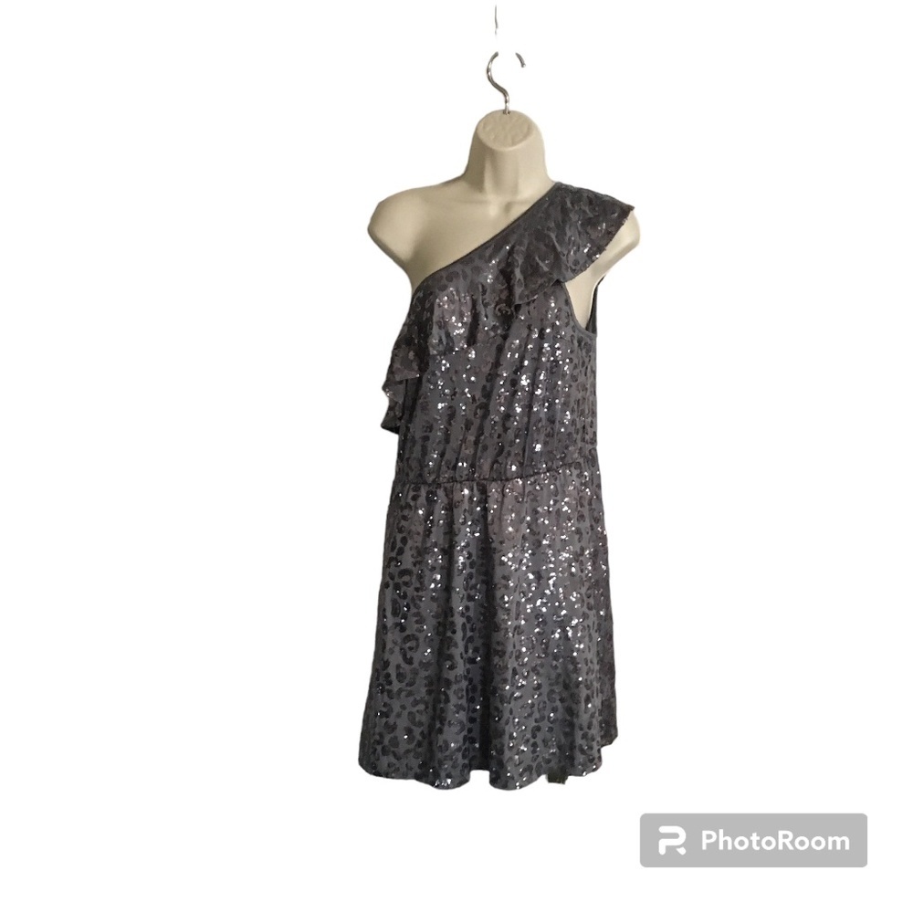 Kenzie dress womens SZ M grey sequined asymmetrical shoulder disco party…
